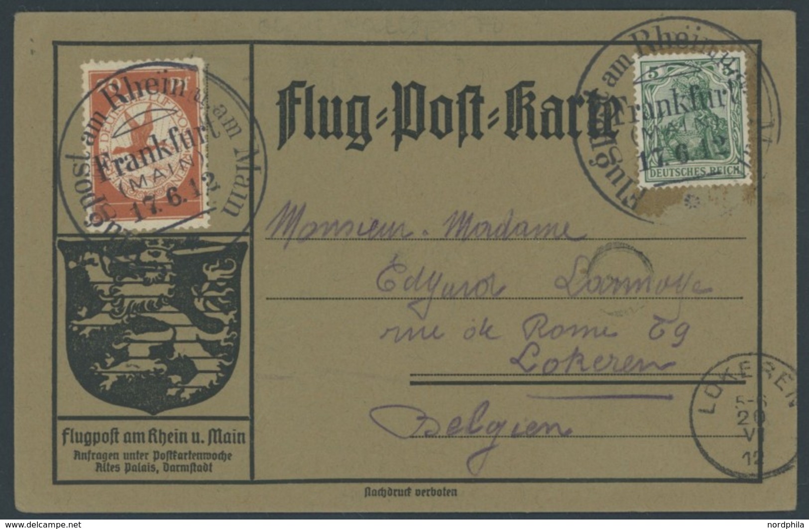 ZEPPELINPOST 11 BRIEF, 1912, 20 Pf. Flp. Am Rhein Und Main Auf Flugpostkarte Mit 5 Pf. Zusatzfrankatur, Sonderstempel Fr - Airmail & Zeppelin