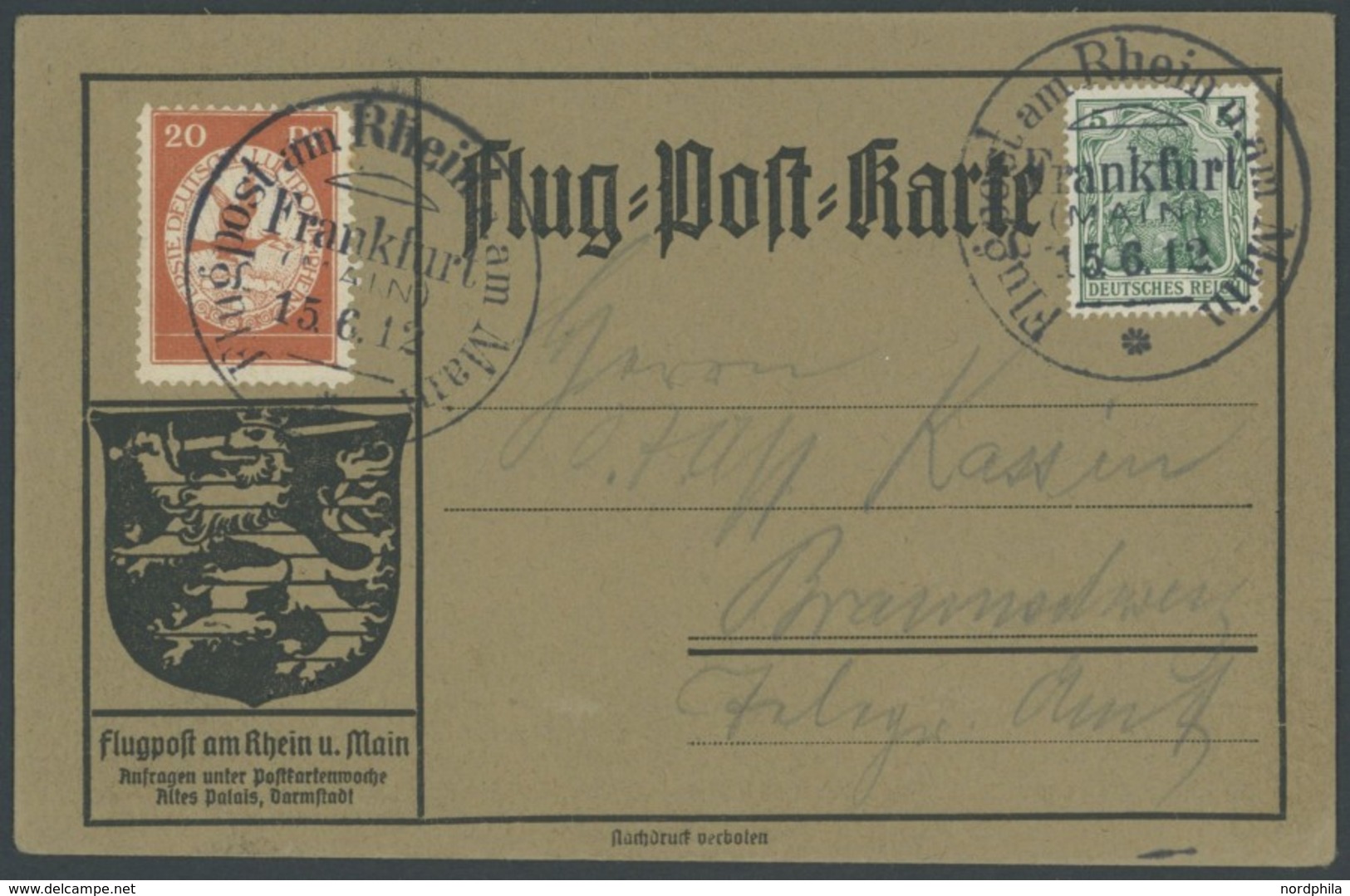 ZEPPELINPOST 11 BRIEF, 1912, 20 Pf. Flp. Am Rhein Und Main Auf Flugpostkarte Mit 5 Pf. Zusatzfrankatur, Sonderstempel Fr - Airmail & Zeppelin