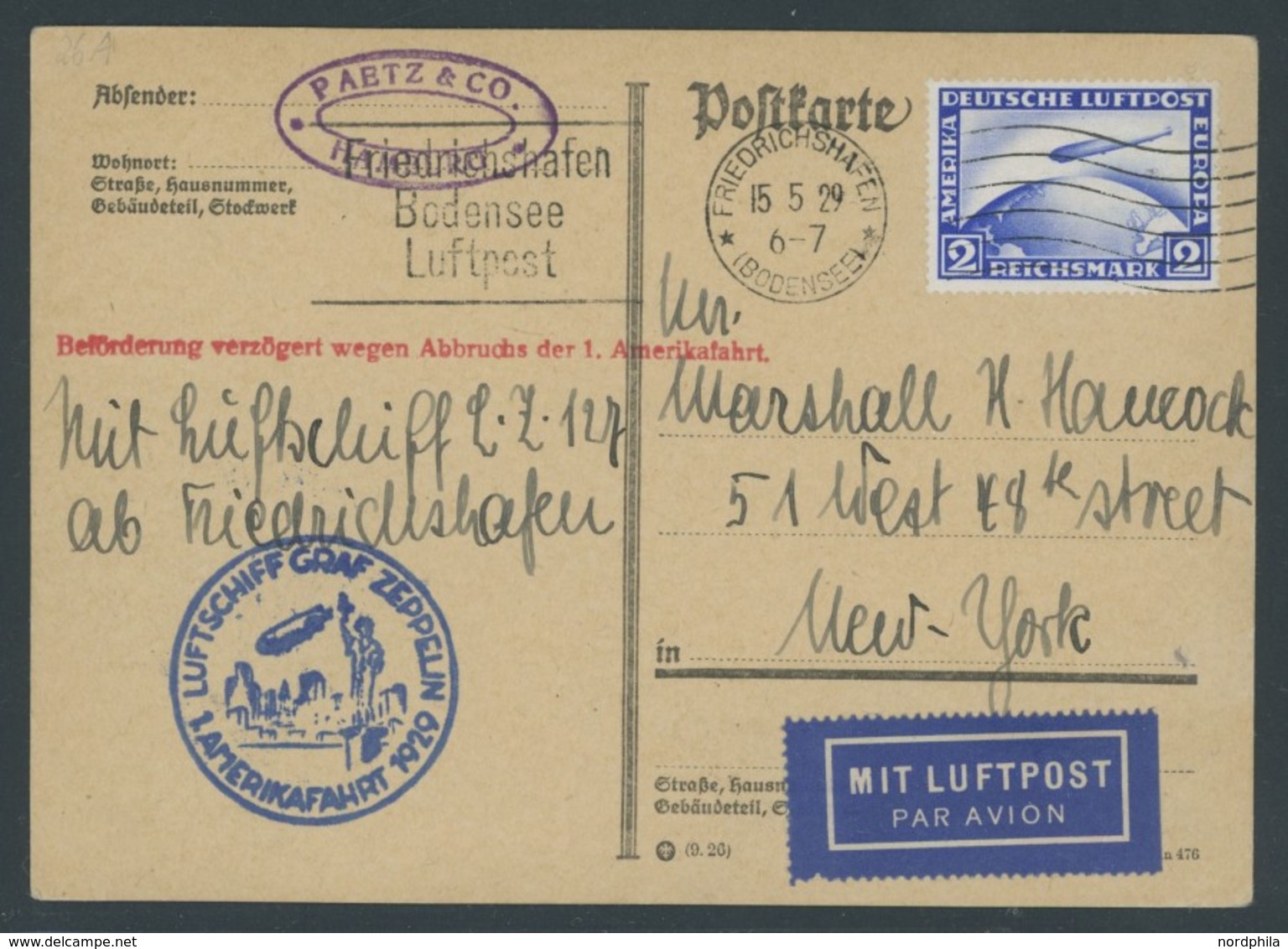 ZEPPELINPOST 26A BRIEF, 1929, Amerikafahrt, Auflieferung Friedrichshafen, Mit Maschinenstempel (Fahne Beidseitig), Prach - Airmail & Zeppelin