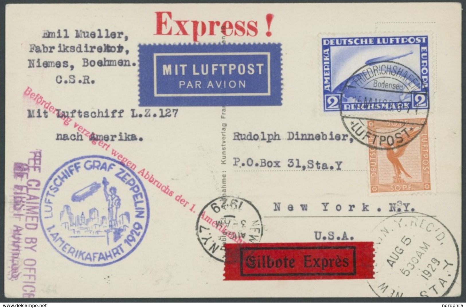 ZEPPELINPOST 26A BRIEF, 1929, Amerikafahrt, Auflieferung Friedrichshafen, Per Eilboten, Prachtkarte - Luchtpost & Zeppelin