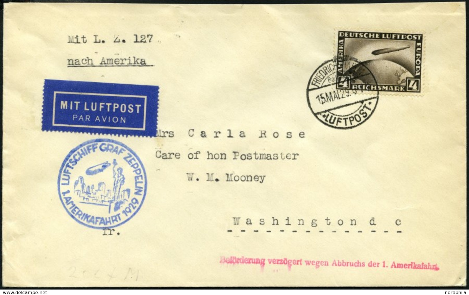 ZEPPELINPOST 26A BRIEF, 1929, Amerikafahrt, Auflieferung Fr`hafen, Frankiert Mit 4 RM, Prachtbrief - Airmail & Zeppelin