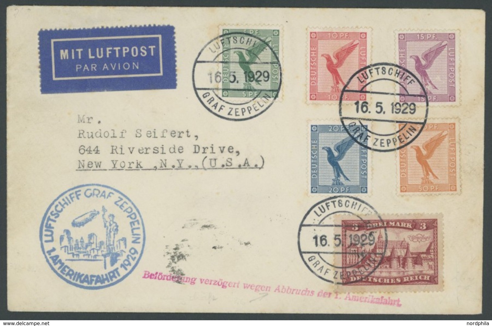 ZEPPELINPOST 26B BRIEF, 1929, Amerikafahrt, Bordpost, Mit Verzögerungsstempel In Kursiv, Brief Feinst, Signiert Dewitz - Luft- Und Zeppelinpost