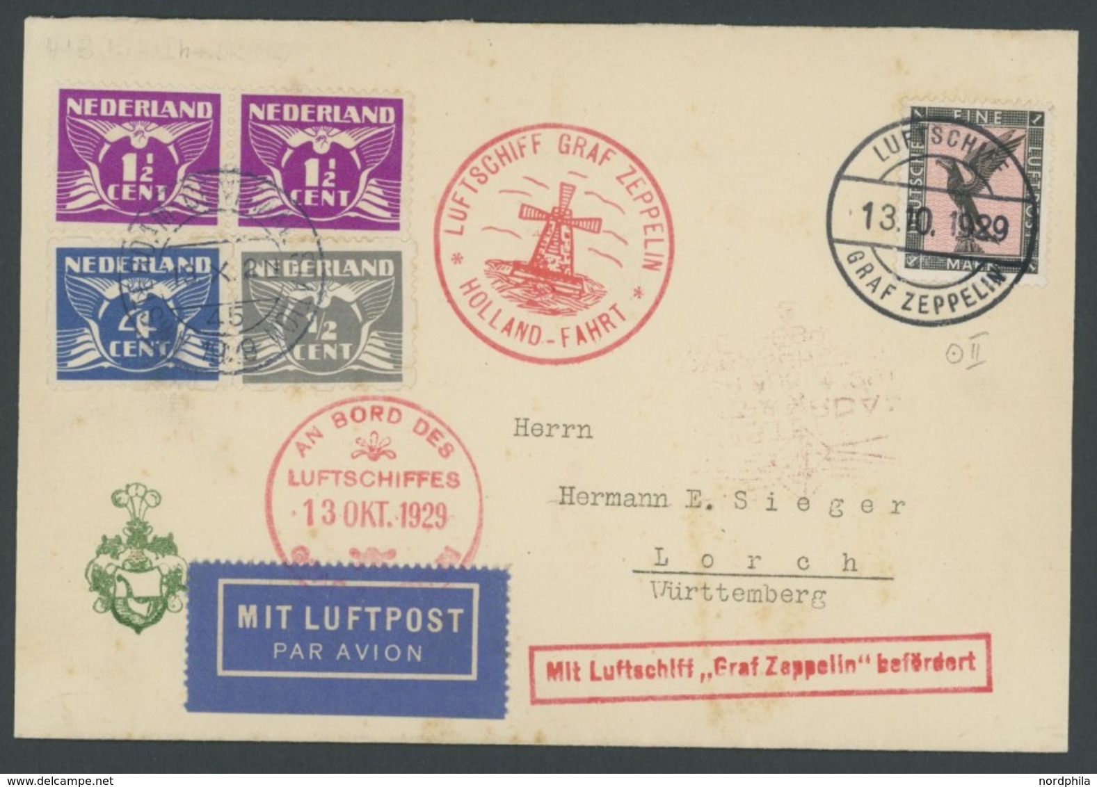 ZEPPELINPOST 41B BRIEF, 1929, Hollandfahrt, Bordpost, Mit Niederländischer Zusatzfrankatur Und Windmühlen-Sonderstempel, - Airmail & Zeppelin