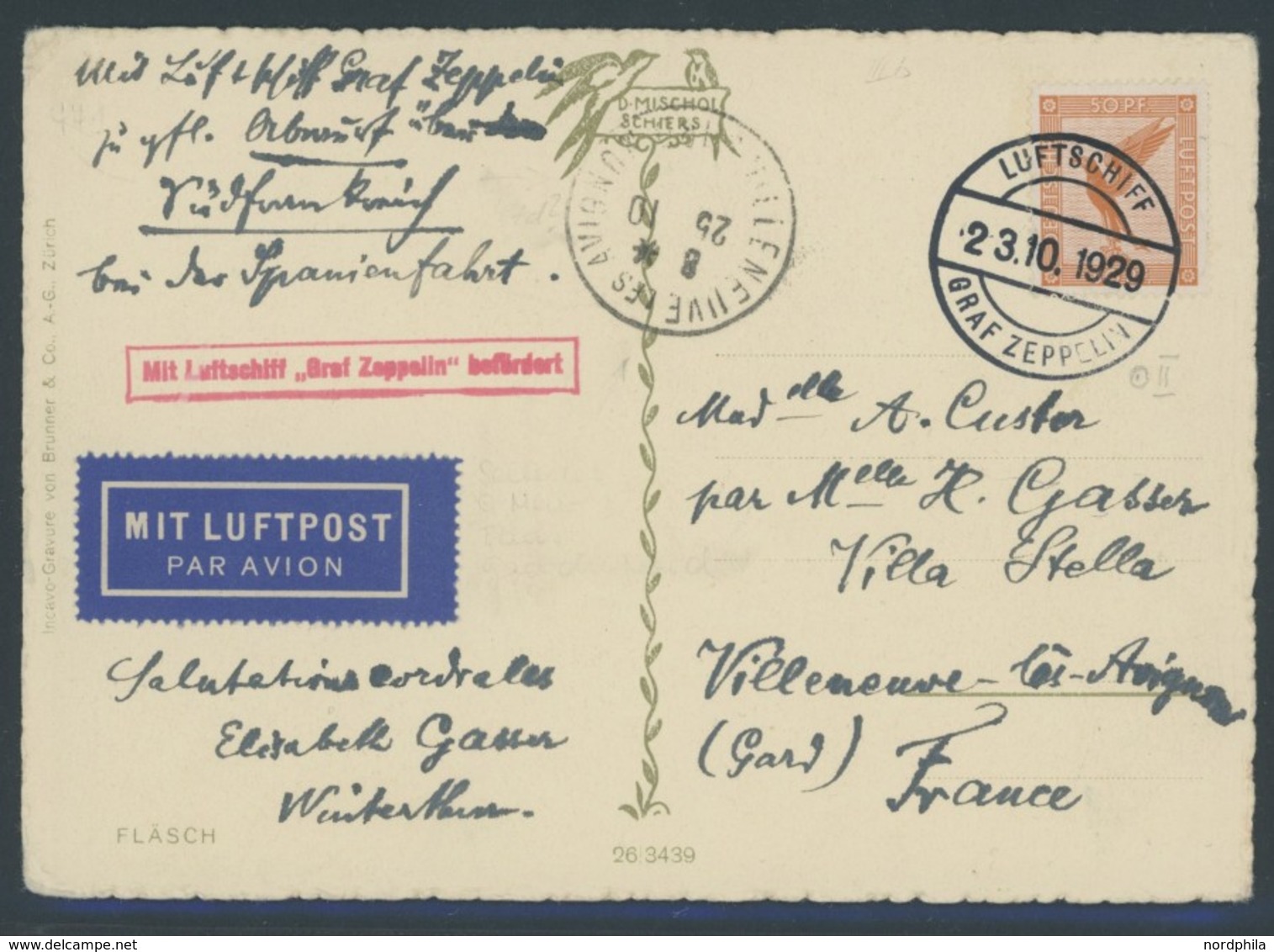 ZEPPELINPOST 44B BRIEF, 1929, Spanienfahrt, Bordpost, Mit Hinweis Zu Gfl. Abwurf über Südfrankreich, Mit Französischem S - Luchtpost & Zeppelin