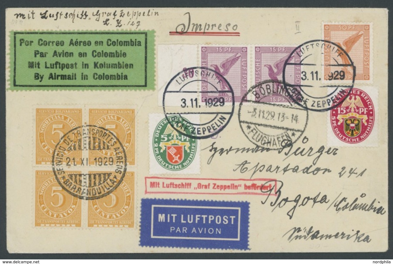 ZEPPELINPOST 48B BRIEF, 1929, Fahrt Nach Böblingen, Bordpost Der Hinfahrt, Mit SCADTA-Mischfrankatur Nach Bogota/Kolumbi - Luchtpost & Zeppelin