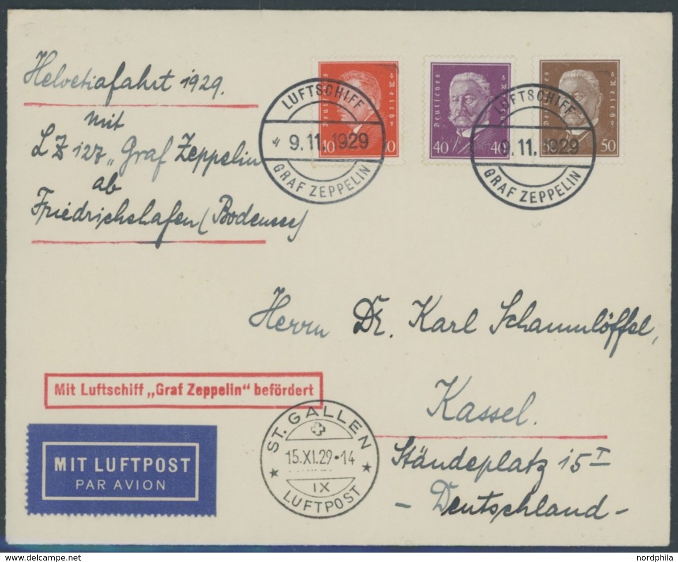 ZEPPELINPOST 50BI BRIEF, 1929, Bodenseefahrt, Bordpost Vom 9.11.1929, Irrtümlich In Frankfurt Nicht Abgegeben Und In St. - Airmail & Zeppelin