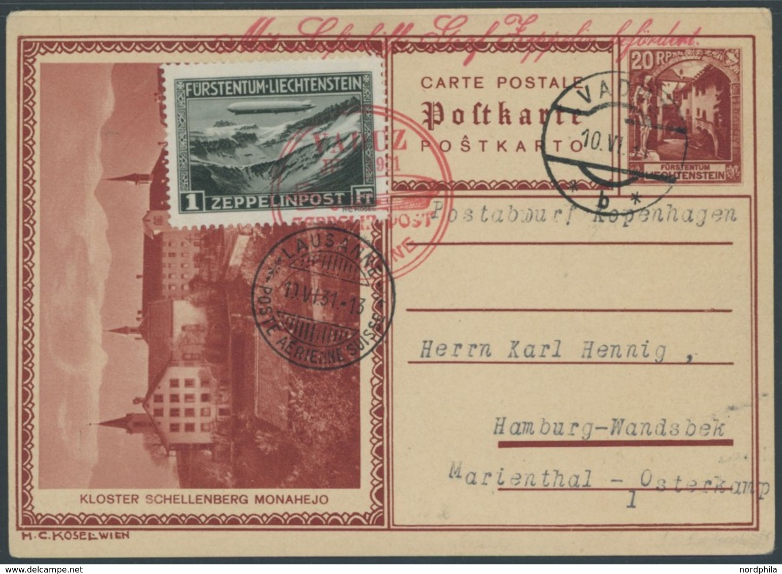 ZEPPELINPOST 110A BRIEF, 1931, Fahrt Nach Vaduz, Frankiert Mit Sondermarke 1 Fr. Auf 20 Rp. Ganzsachen-Bildpostkarte, Pr - Luchtpost & Zeppelin