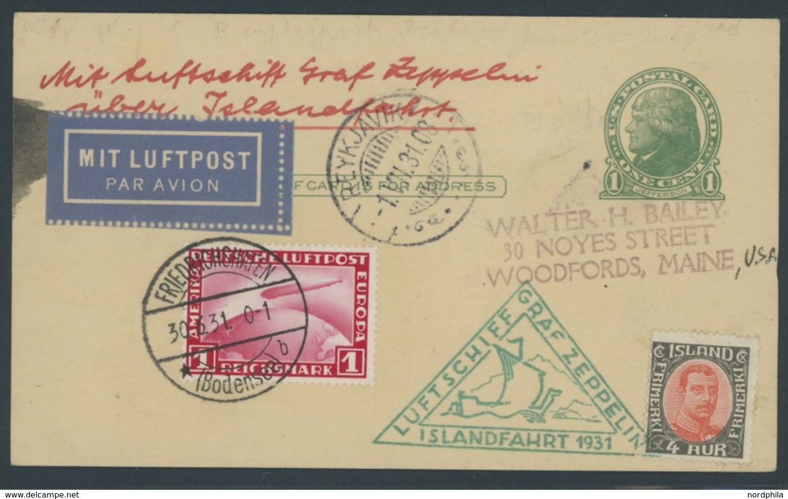 ZEPPELINPOST 113A BRIEF, 1931, Islandfahrt, Auflieferung Friedrichshafen, 1 C. USA-Ganzsachenkarte Mit 1 RM Zeppelinmark - Luchtpost & Zeppelin