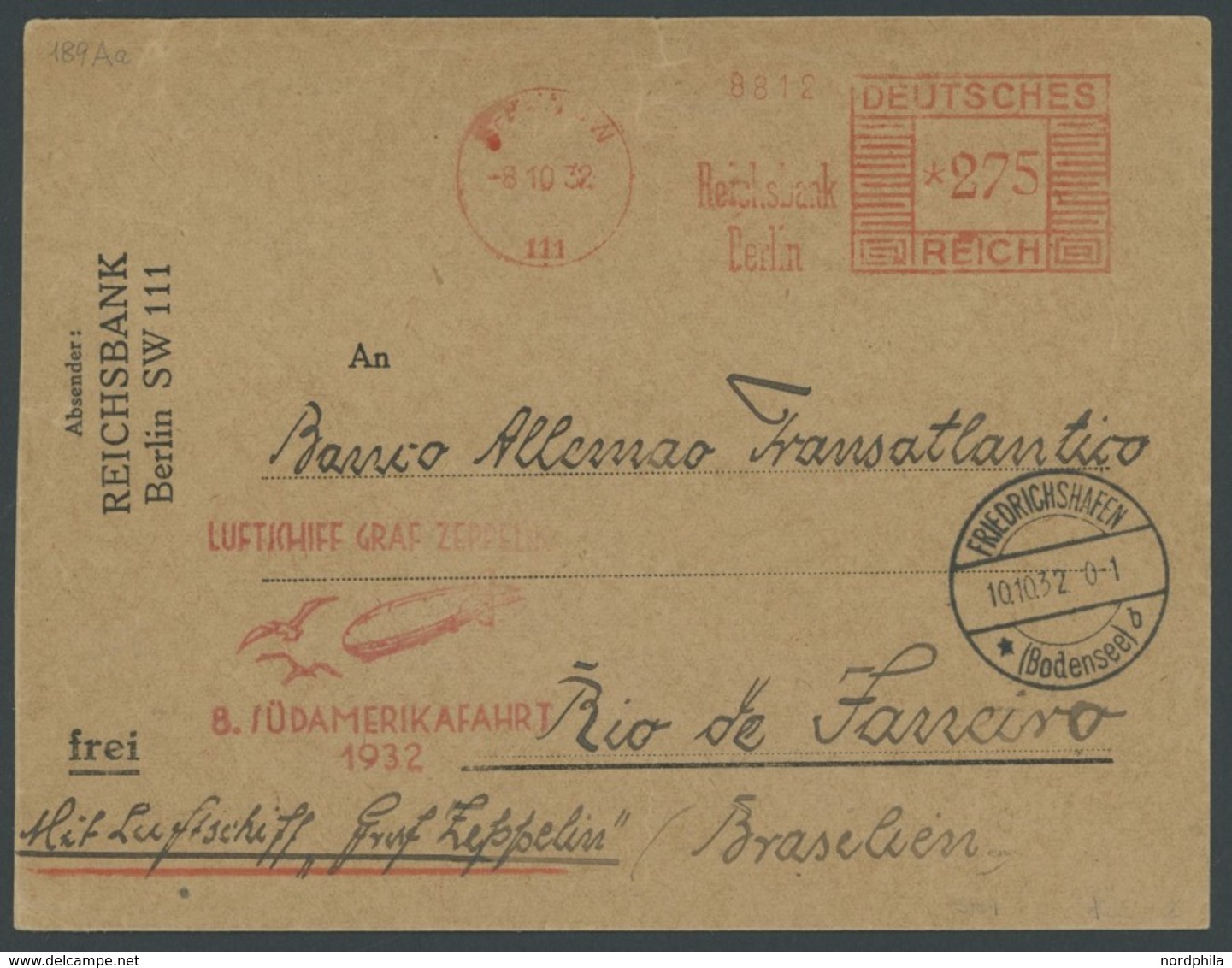 ZEPPELINPOST 189Aa BRIEF, 1932, 8. Südamerikafahrt, Auflieferung Friedrichshafen, Brief Der Reichsbank Berlin Mit Freist - Airmail & Zeppelin