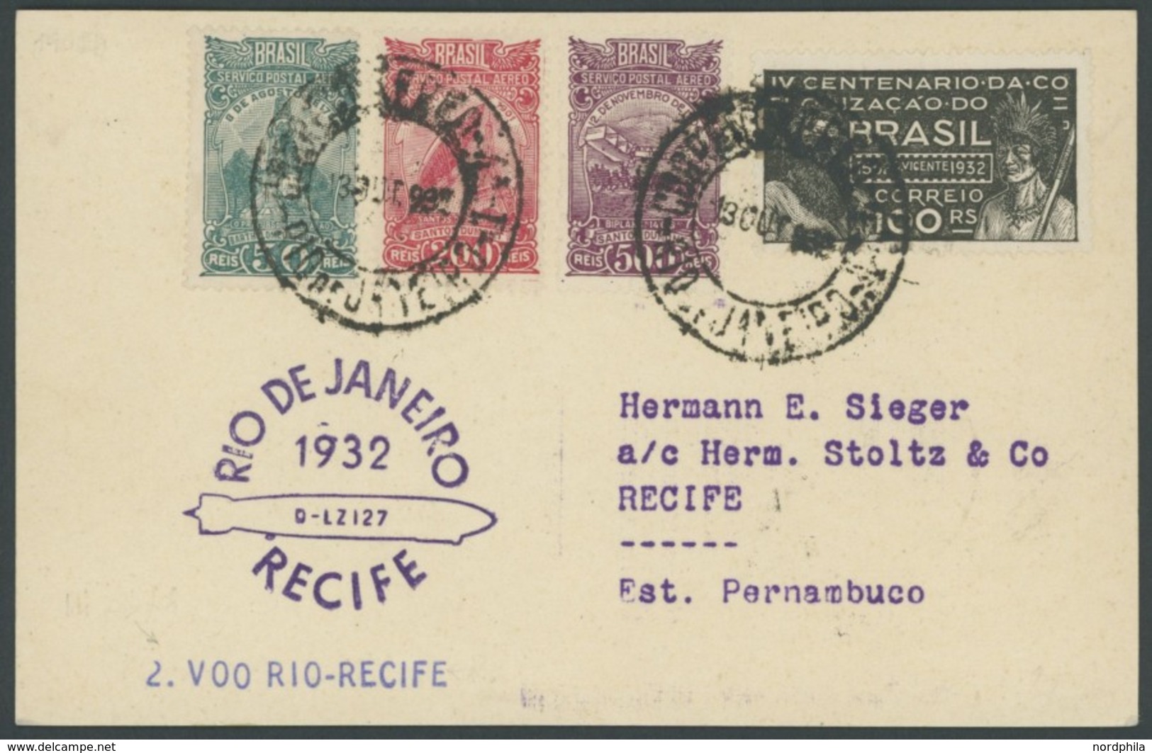 ZEPPELINPOST 190Eb BRIEF, 1932, 8. Südamerikafahrt, Brasilianische Post, Etappenpost Rio De Janeiro - Recife, Prachtkart - Airmail & Zeppelin