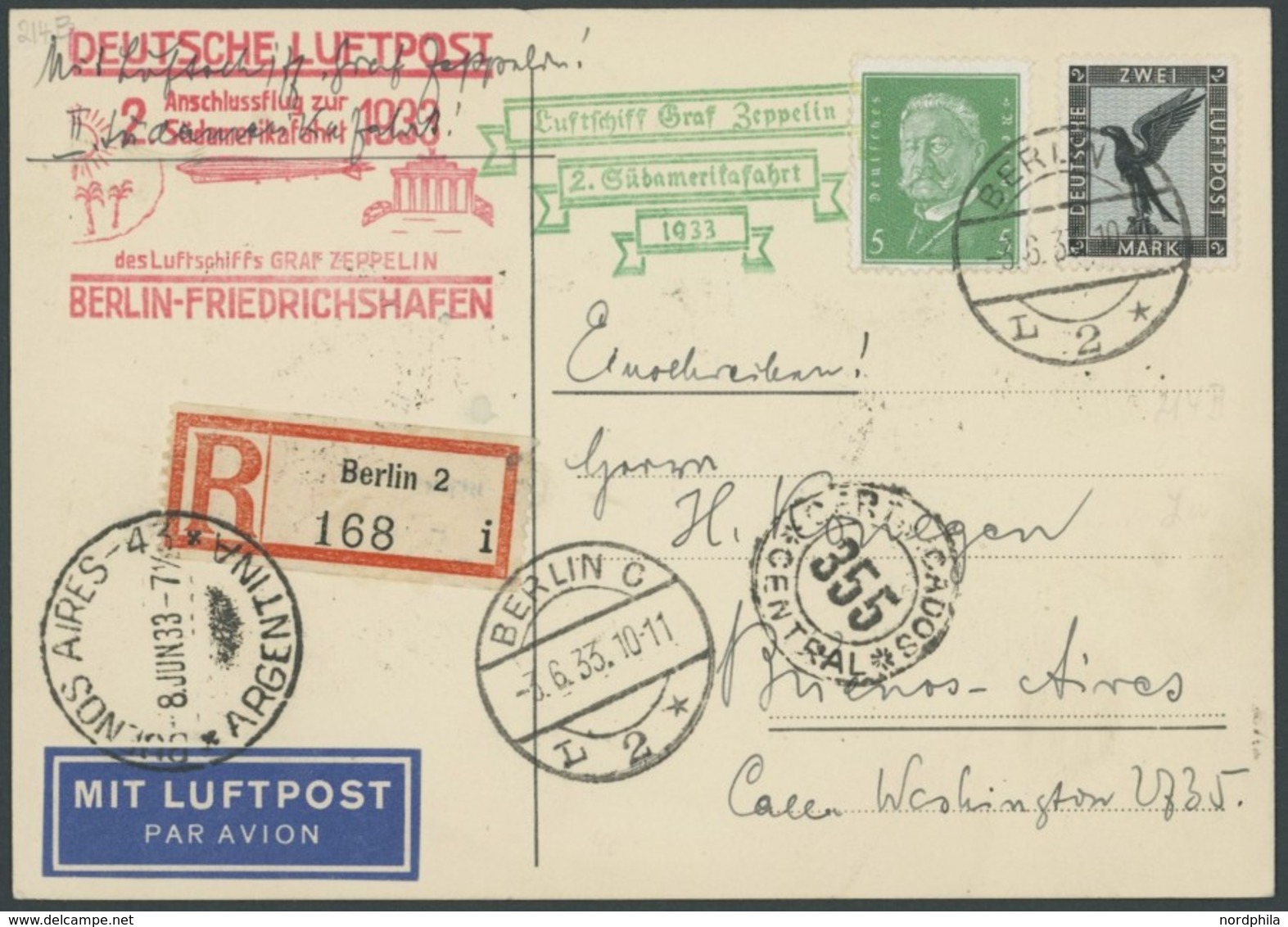 ZEPPELINPOST 214B BRIEF, 1933, 2. Südamerikafahrt, Anschlußflug Ab Berlin, Einschreibkarte, Pracht - Airmail & Zeppelin