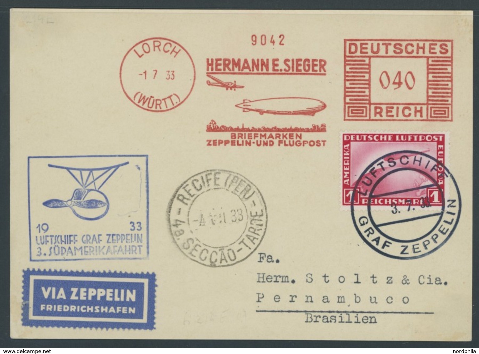 ZEPPELINPOST 219E BRIEF, 1933, 3. Südamerikafahrt, Bordpost Mit Freistempler, 1 RM. Zusatzfrankatur, Prachtkarte - Airmail & Zeppelin