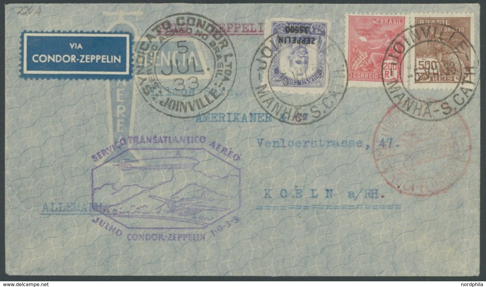 ZEPPELINPOST 220A BRIEF, 1933, 3. Südamerikafahrt, Brasilianische Post, Rückfahrt, Mit Joinville Condor-Entwertung, Prac - Airmail & Zeppelin