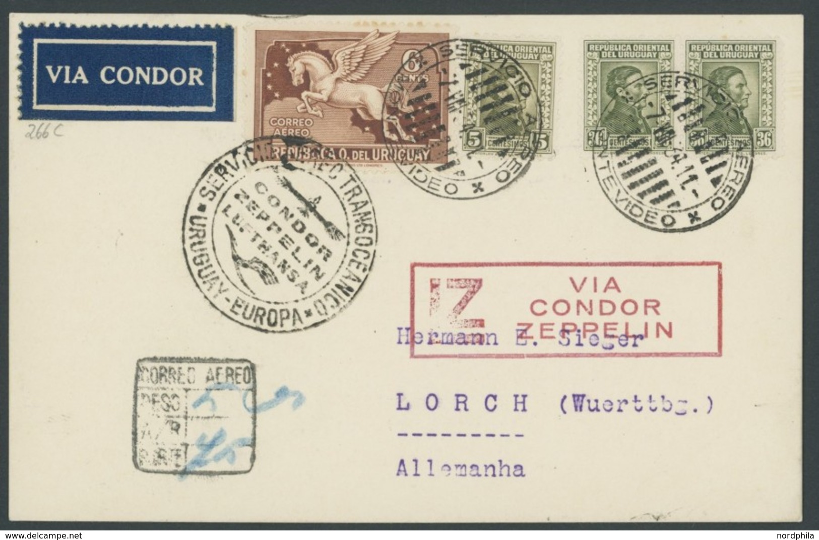 ZEPPELINPOST 266C BRIEF, 1934, 5. Südamerikafahrt, Uruguayische Post, Einschreibkarte, Gepr. Dr. Simon, Pracht - Airmail & Zeppelin