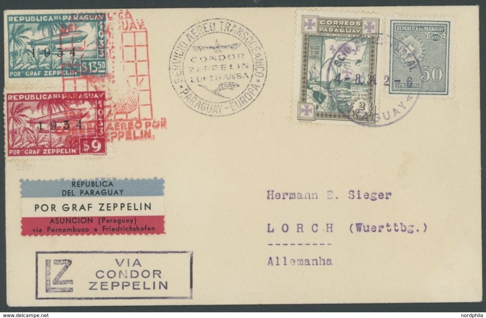 ZEPPELINPOST 267 BRIEF, 1934, 5. Südamerikafahrt, Paraguayische Post, Prachtbrief Der Rückfahrt - Airmail & Zeppelin