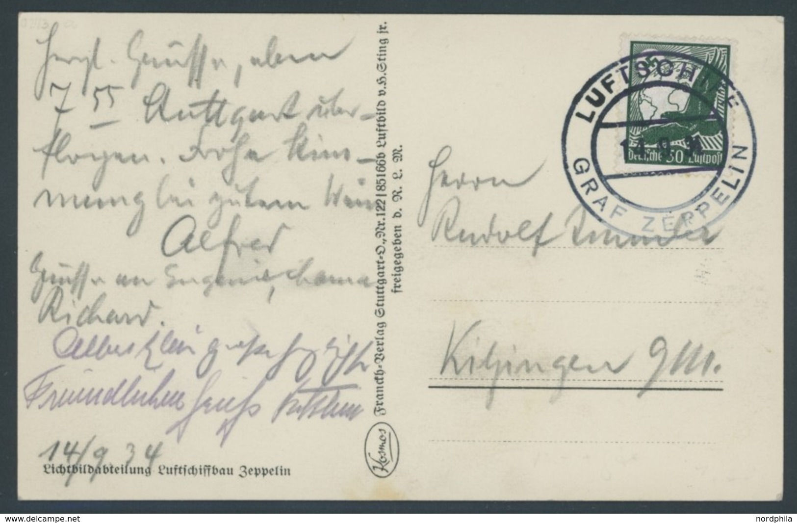 ZEPPELINPOST 0273a BRIEF, 1934, 398. Zeppelin-Fahrt, Bordpost, Prachtkarte Mit Grußtext Von 7:55 Uhr - Airmail & Zeppelin
