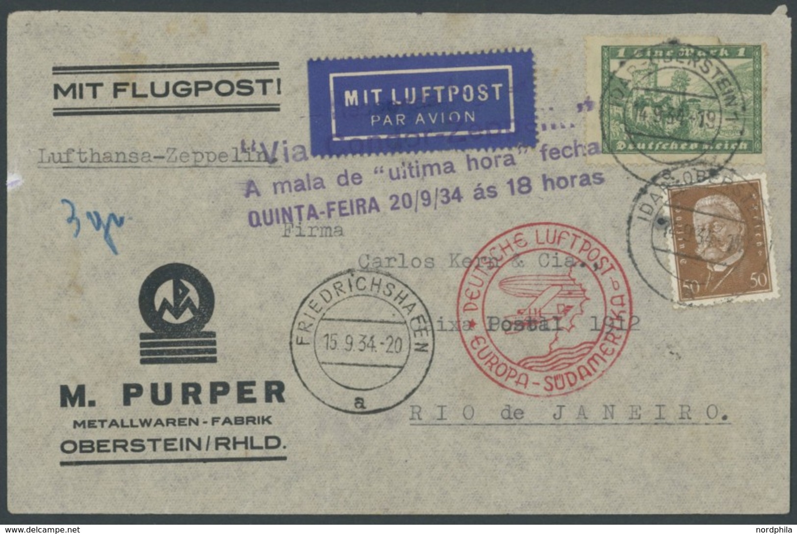 ZEPPELINPOST 274Aa BRIEF, 1934, 8. Südamerikafahrt, Auflieferung Friedrichshafen (Buchstabe B) Auf Firmenbrief, Mit Viol - Airmail & Zeppelin