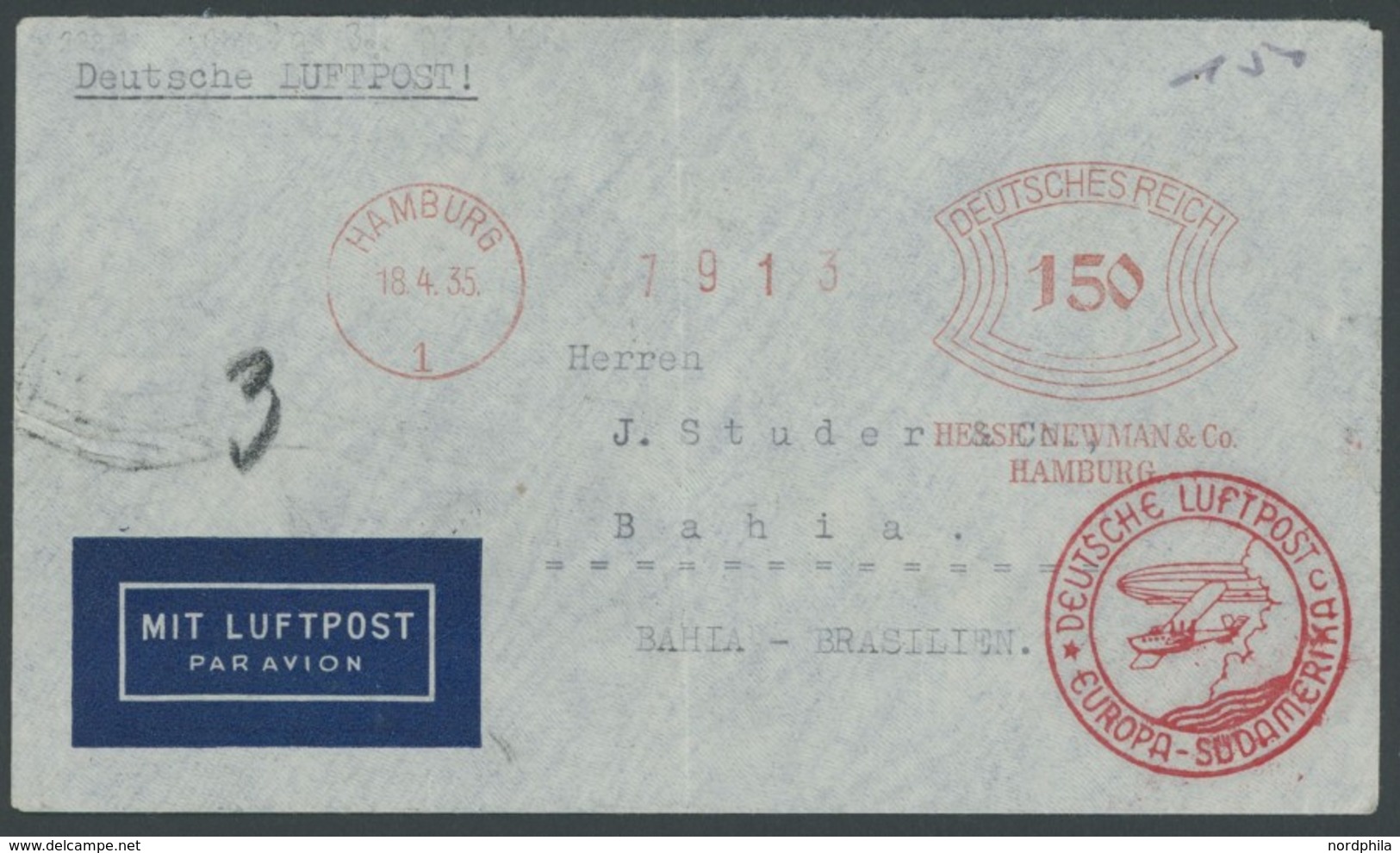 ZEPPELINPOST 293Aa BRIEF, 1935, 2. Südamerikafahrt, Auflieferung Friedrichshafen (Buchstabe C), Mit Freistempler, Brief  - Luchtpost & Zeppelin