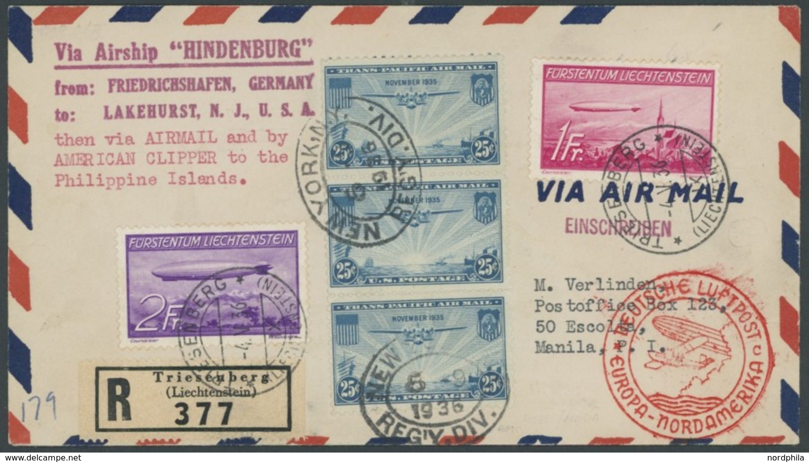 ZEPPELINPOST 408A,B BRIEF, 1936, 1. Nordamerikafahrt, Liechtenstein Post, Einschreibbrief Nach Manila, Frankiert Mit Bei - Luchtpost & Zeppelin