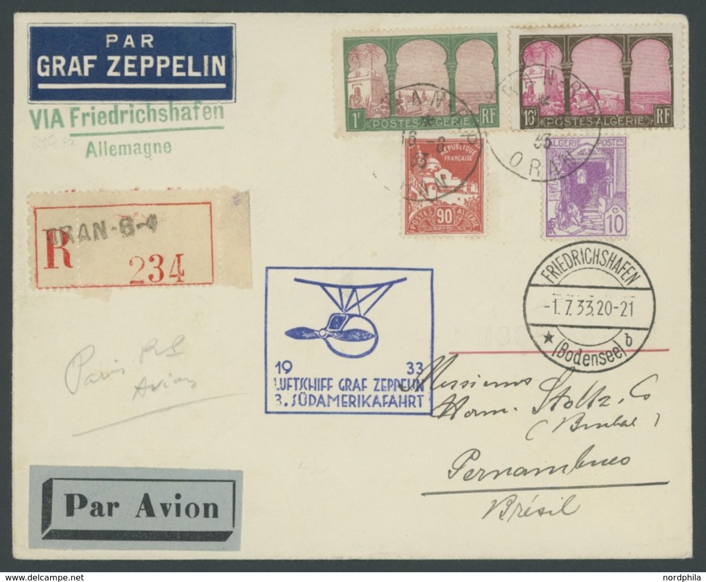 ZULEITUNGSPOST 217 BRIEF, Algerien: 1933, Saargebietsfahrt, Einschreibbrief, Pracht - Airmail & Zeppelin