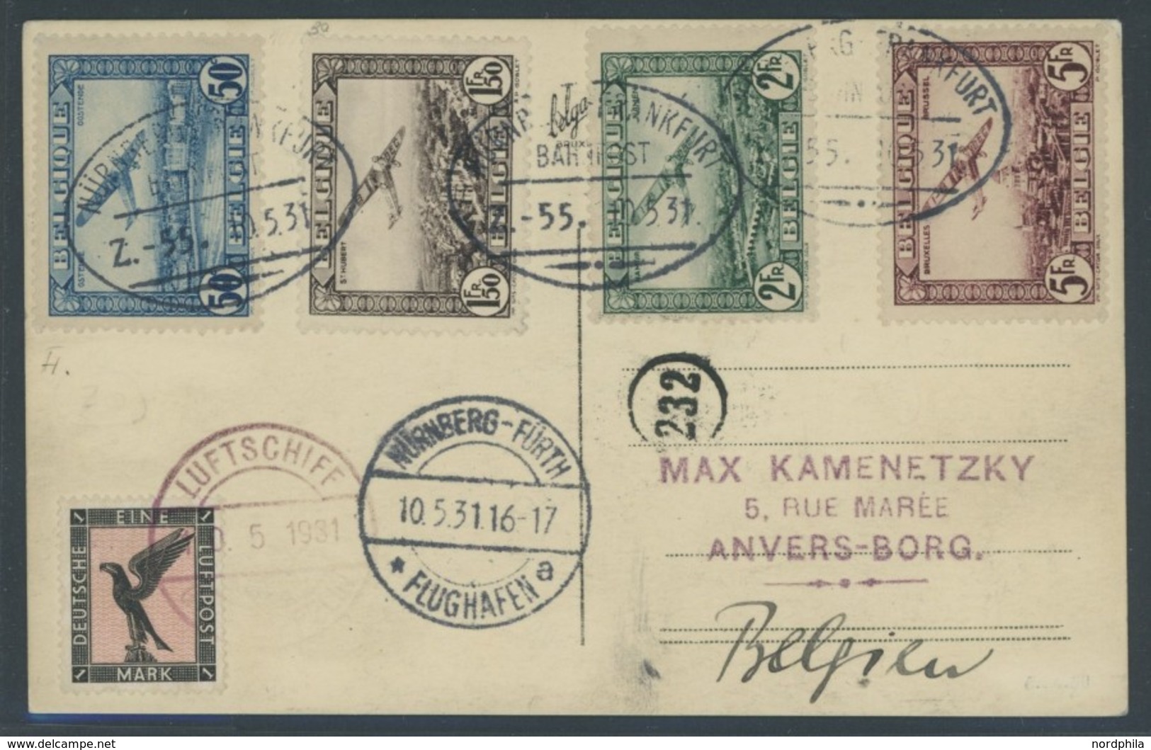 ZULEITUNGSPOST 107 BRIEF, Belgien: Fahrt Nach Nürnberg, Frankiert Mit Mi.Nr. 280-83 (entwertet Mit Bahnpoststempel), Sow - Airmail & Zeppelin