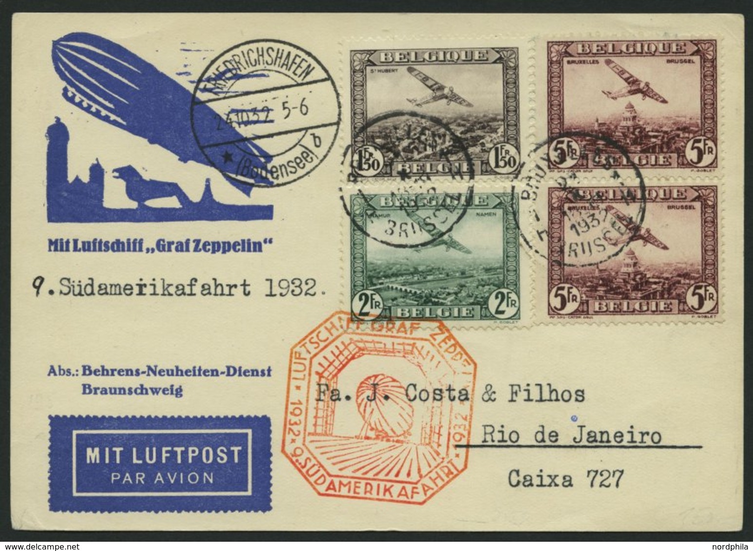 ZULEITUNGSPOST 195 BRIEF, Belgien: 1932, 9. Südamerikafahrt, Prachtkarte - Airmail & Zeppelin