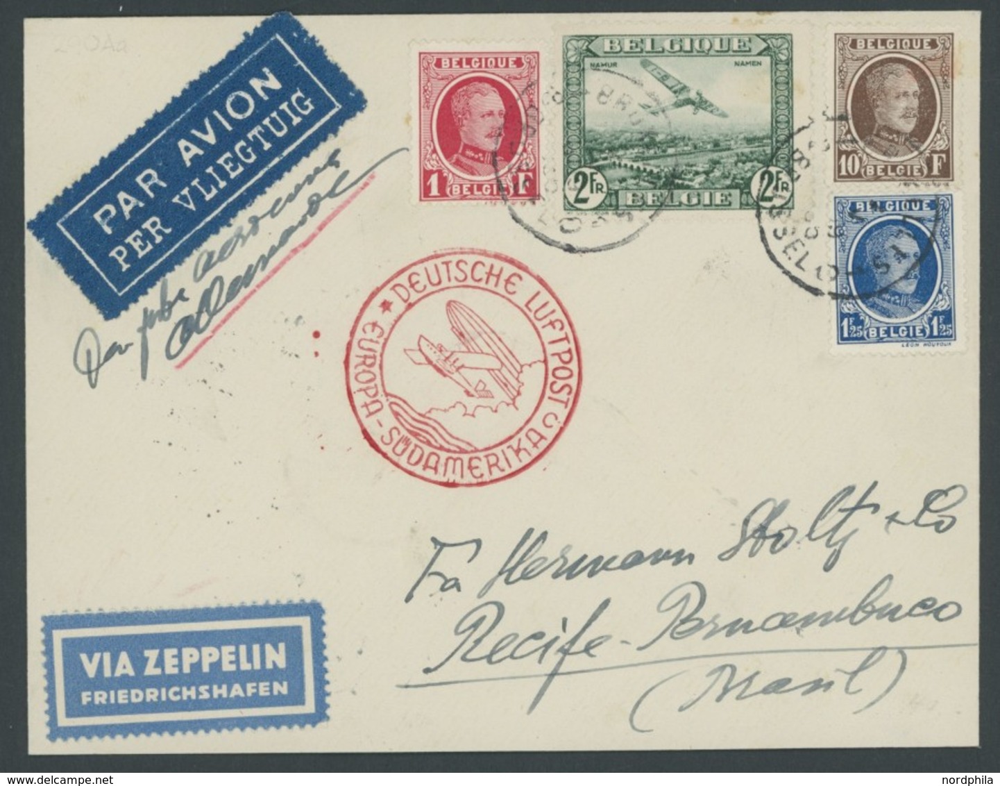 ZULEITUNGSPOST 290Aa BRIEF, Belgien: 1935, 1. Südamerikafahrt, Auflieferung Friedrichshafen Mit Stempel C, Prachtbrief,  - Correo Aéreo & Zeppelin