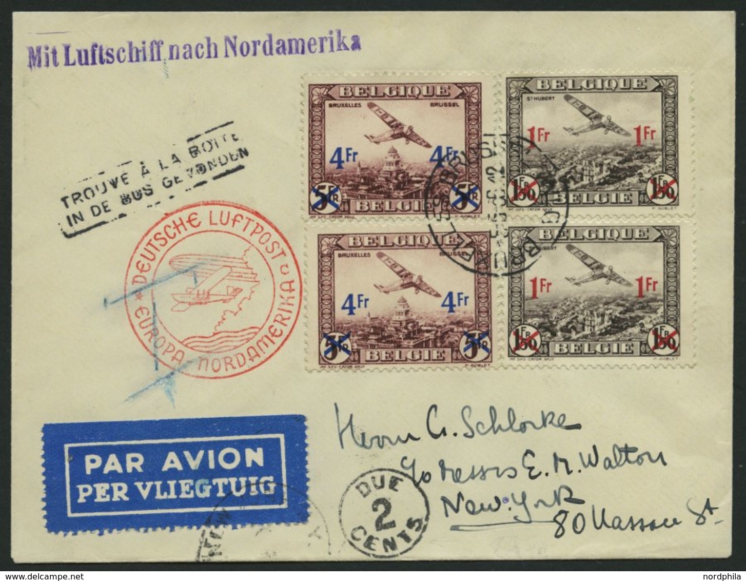 ZULEITUNGSPOST 406 BRIEF, Belgien: 1946, 1 Nordamerikafahrt, Mit Nachgebühr, Prachtbrief - Luft- Und Zeppelinpost