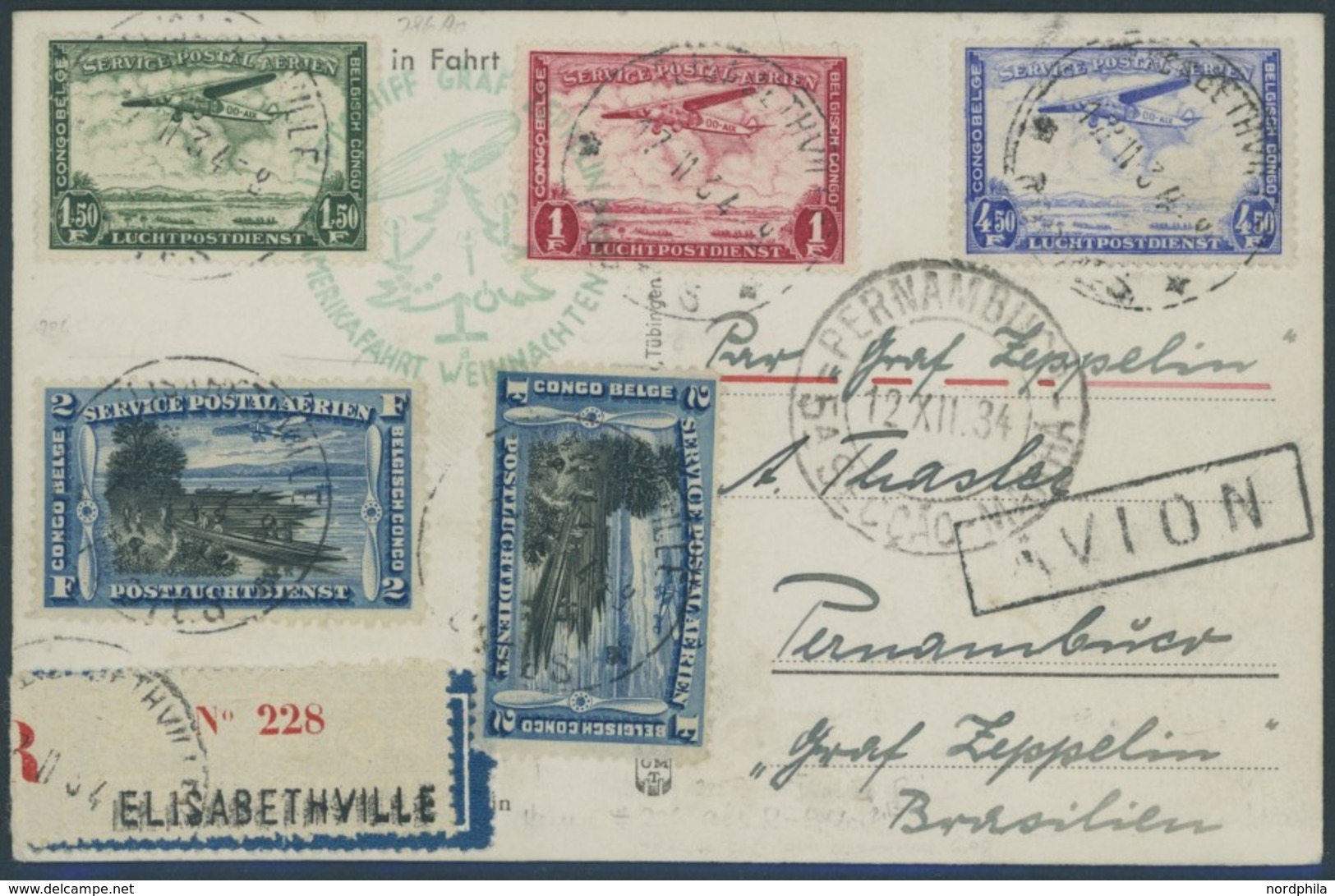 ZULEITUNGSPOST 286 BRIEF, Belgisch Kongo: 1934, Weihnachtsfahrt, Einschreibkarte , Pracht - Airmail & Zeppelin