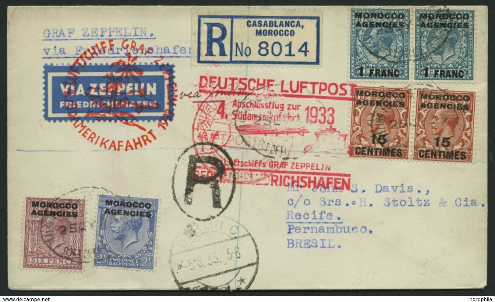 ZULEITUNGSPOST 223B BRIEF, Britische Post In Marokko (Tanger): 1933, 4. Südamerikafahrt, Anschlussflug Ab Berlin, Einsch - Airmail & Zeppelin