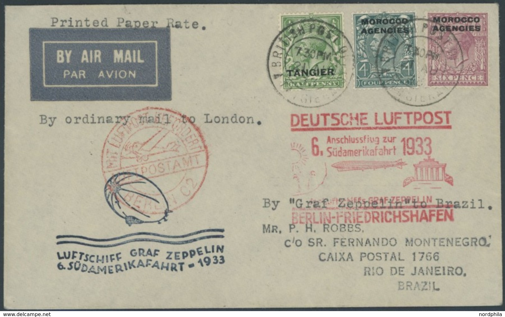 ZULEITUNGSPOST 229B BRIEF, Britische Post Tanger: 1933, 3. Südamerikafahrt, Anschlussflug Ab Berlin, Rückseitiger Violet - Correo Aéreo & Zeppelin