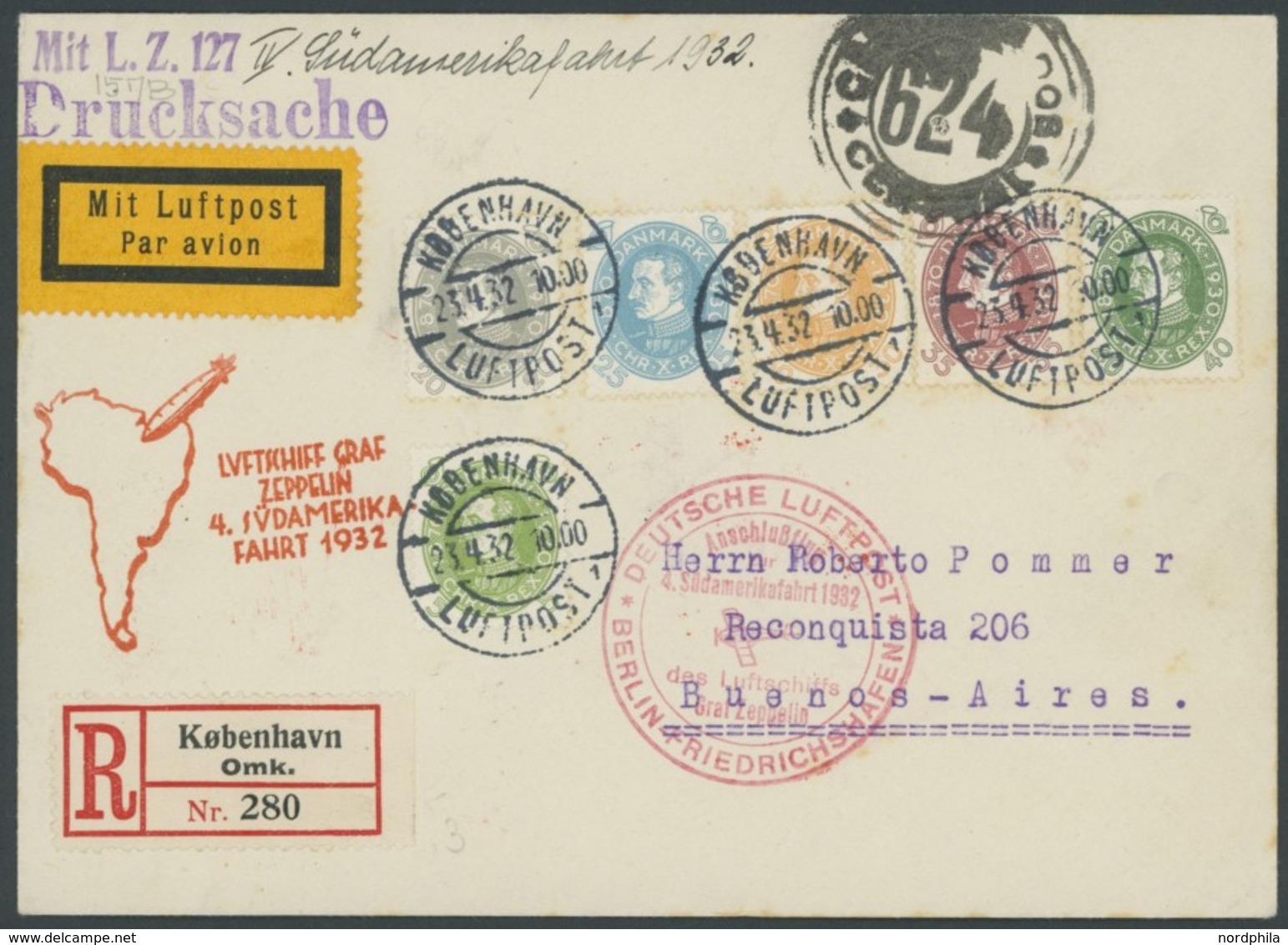 ZULEITUNGSPOST 157B BRIEF, Dänemark: 1932, 4. Südamerikafahrt, Anschlußflug Ab Berlin, Einschreib-Drucksache, Pracht, Si - Correo Aéreo & Zeppelin