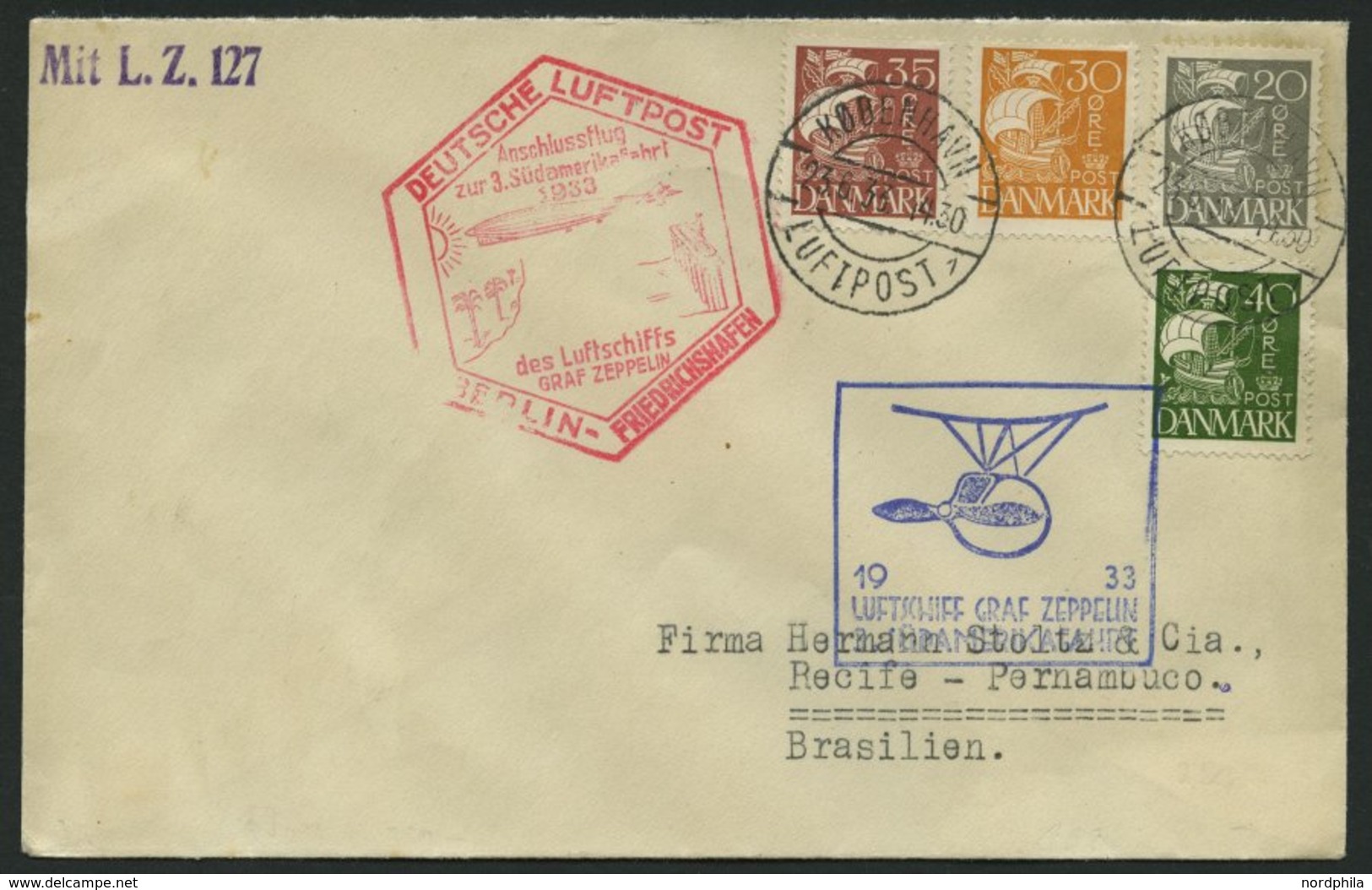 ZULEITUNGSPOST 219B BRIEF, Dänemark: 1933, 3. Südamerikafahrt, Anschlußflug Ab Berlin, Prachtbrief - Airmail & Zeppelin