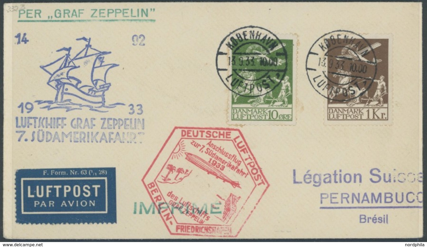 ZULEITUNGSPOST 232B BRIEF, Dänemark: 1933, 7. Südamerikafahrt, Anschlussflug Ab Berlin, Frankiert Mit Mi.Nr. 181 Und 143 - Luft- Und Zeppelinpost