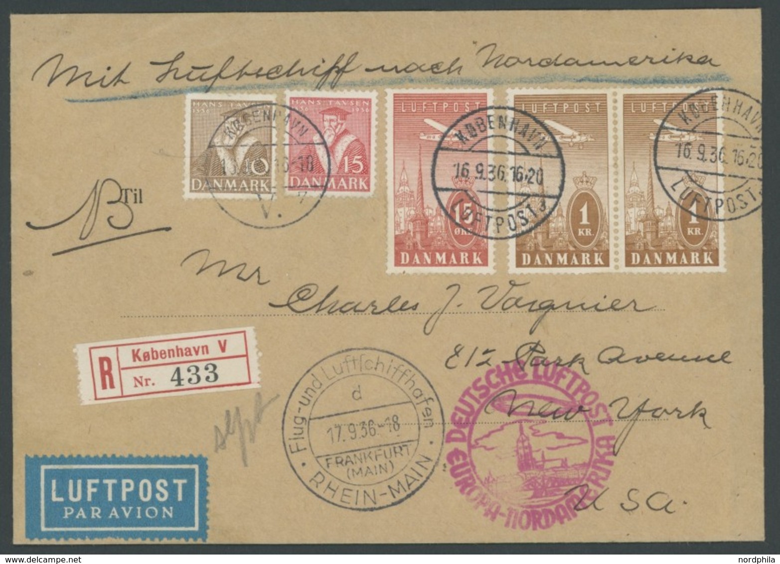 ZULEITUNGSPOST 437 BRIEF, Dänemark: 1936, 3. Nordamerikafahrt, Einschreibbrief, Pracht - Airmail & Zeppelin