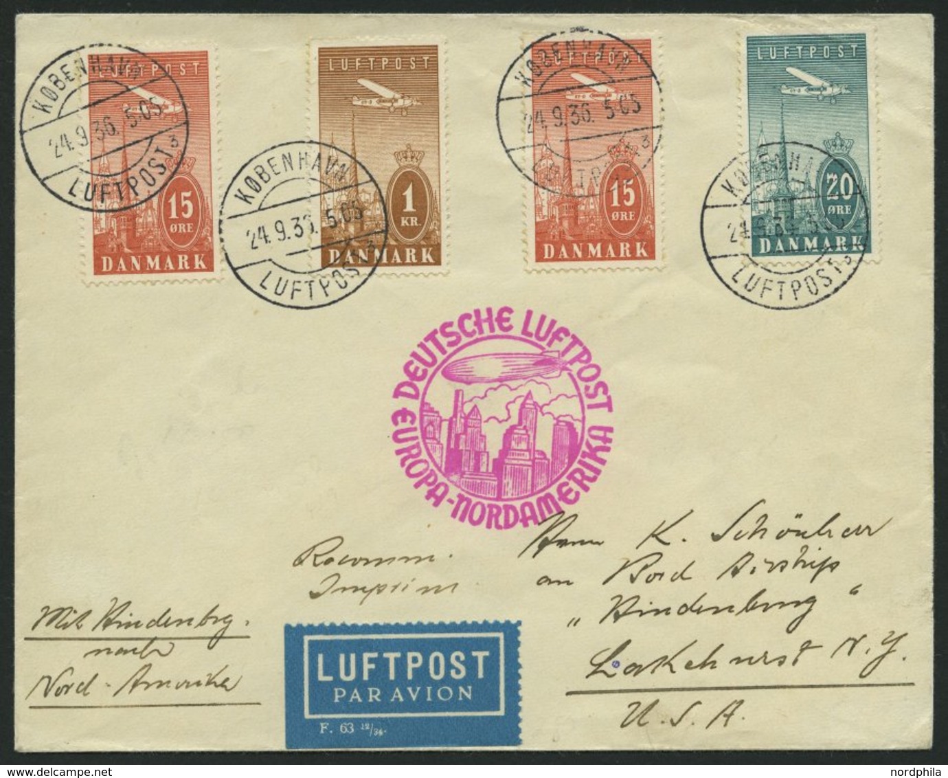 ZULEITUNGSPOST 439 BRIEF, Dänemark: 1936, 9. Nordamerikafahrt, Prachtbrief - Airmail & Zeppelin