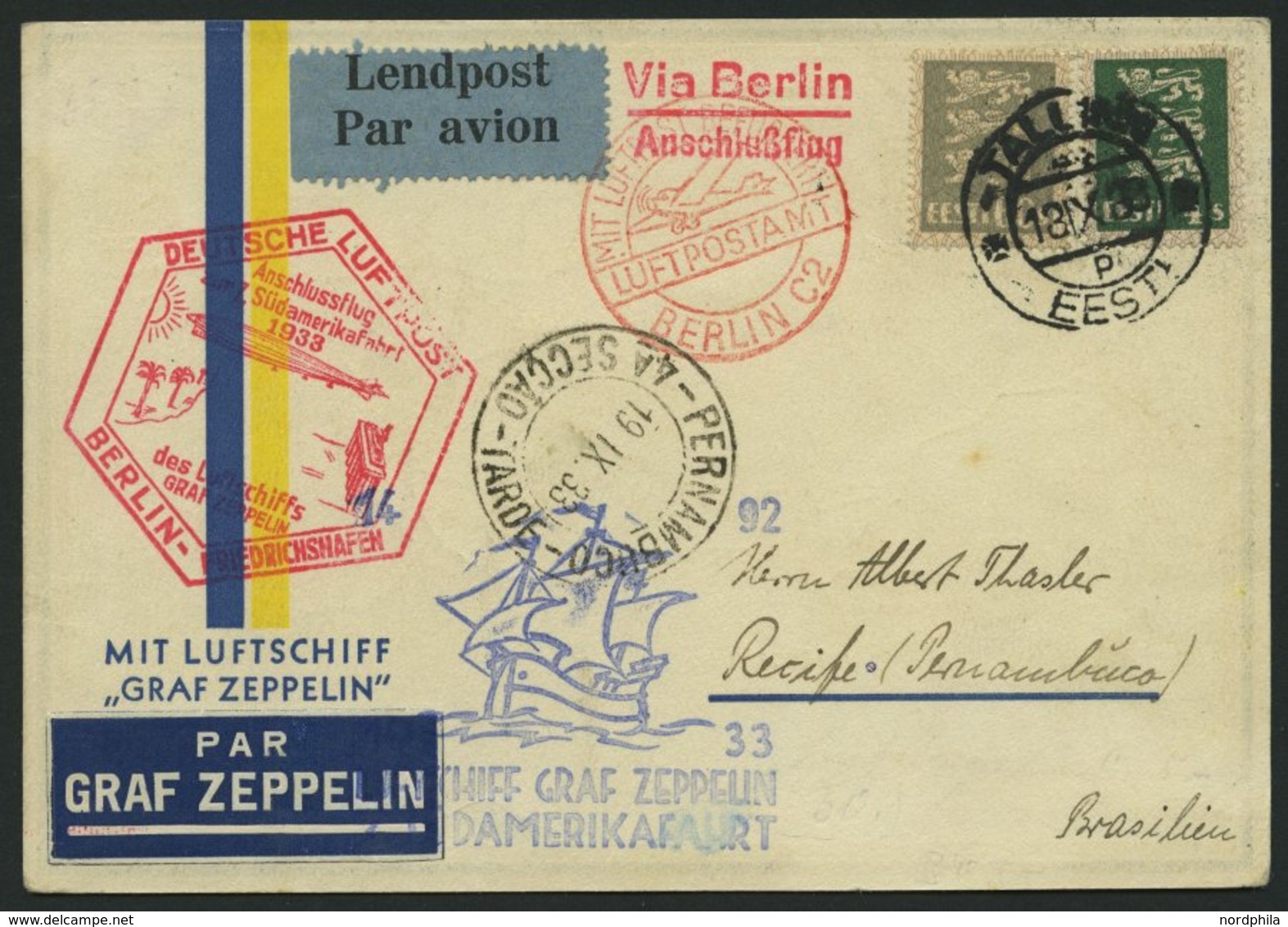ZULEITUNGSPOST 232B BRIEF, Estland: 1933, 7. Südamerikafahrt, Anschlußflug Ab Berlin, Prachtkarte - Luft- Und Zeppelinpost