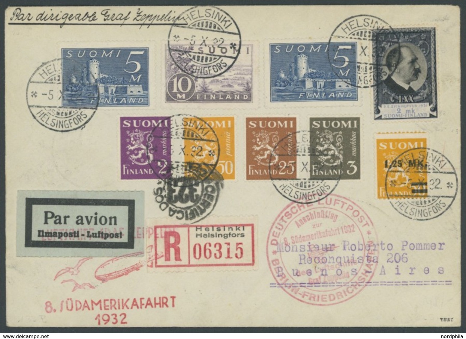 ZULEITUNGSPOST 189B BRIEF, Finnland: 1932, 8. Südamerikafahrt, Anschlussflug Ab Berlin, Einschreibbrief, Pracht - Poste Aérienne & Zeppelin