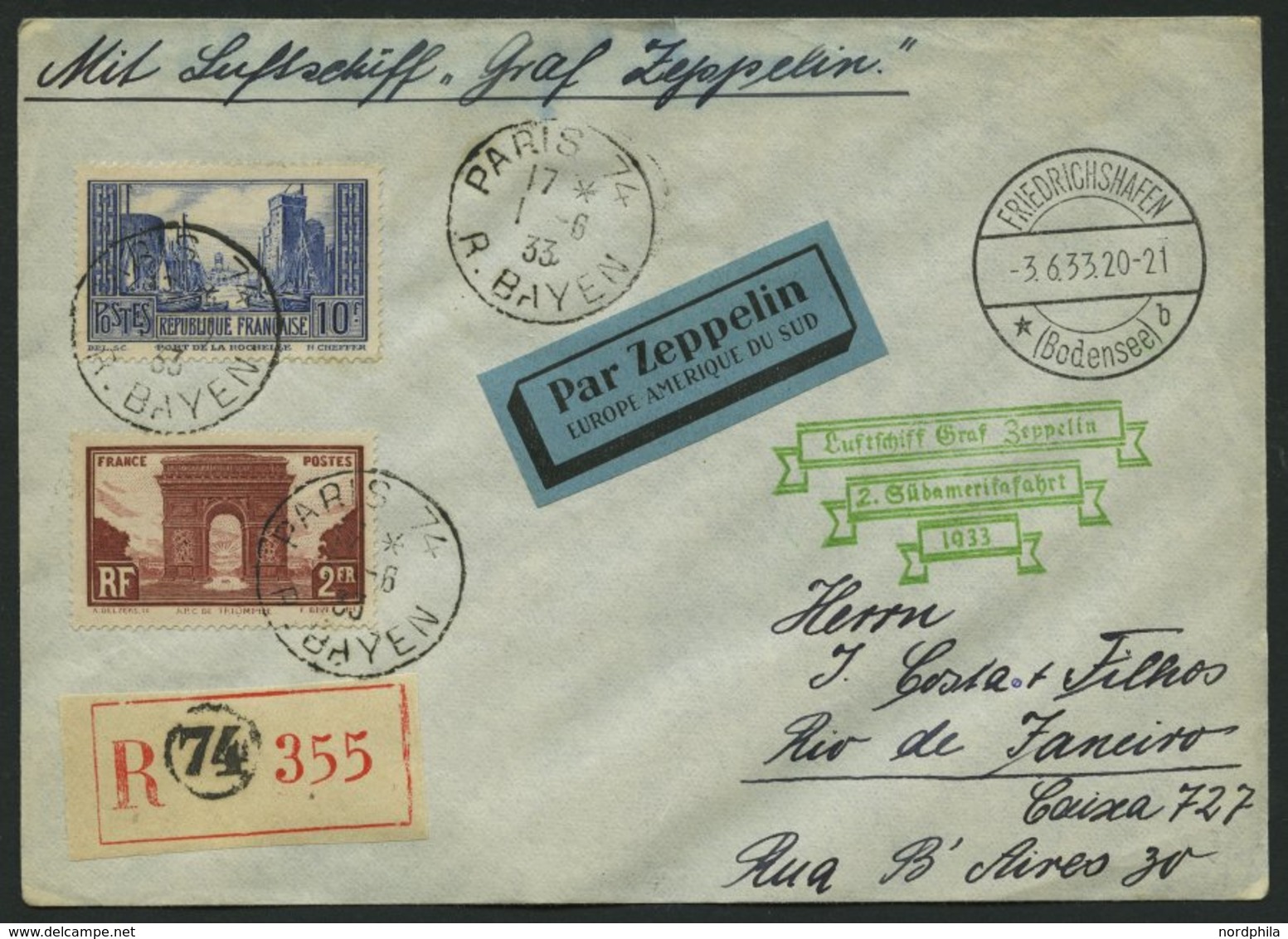 ZULEITUNGSPOST 214 BRIEF, Frankreich: 1933, 2. Südamerikafahrt, Einschreibbrief, Pracht - Airmail & Zeppelin