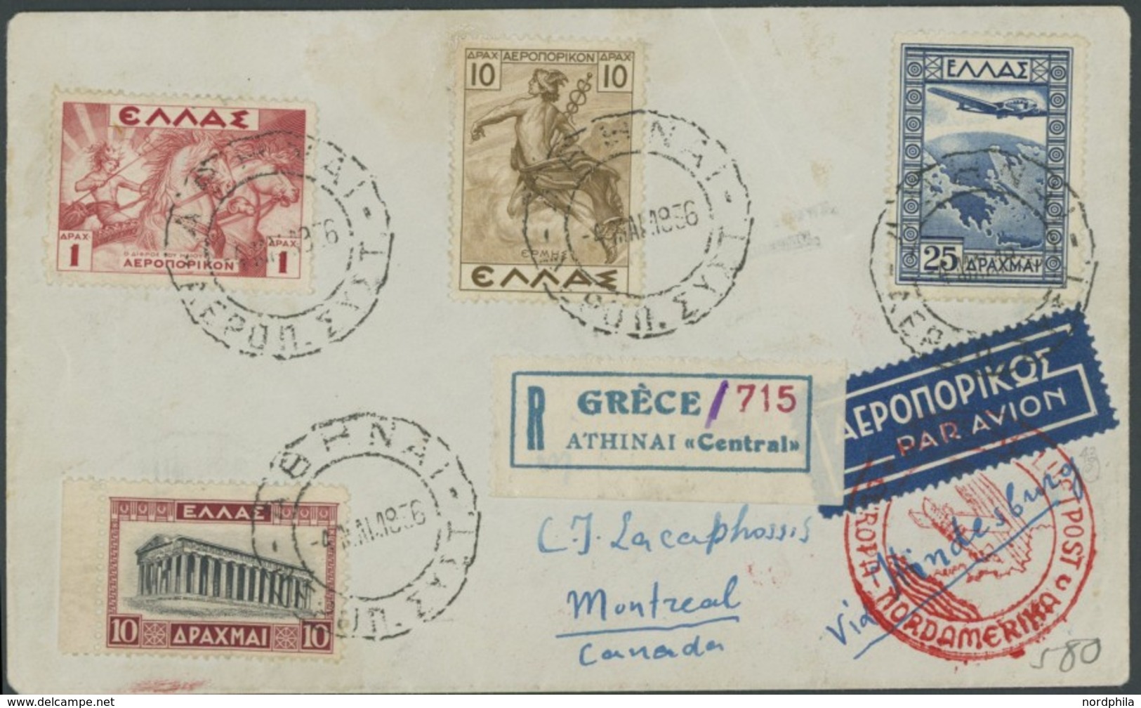 ZULEITUNGSPOST 406C BRIEF, Griechenland: 1936, 1. Nordamerikafahrt, Auflieferung Friedrichshafen C, Dekorativer Einschre - Airmail & Zeppelin