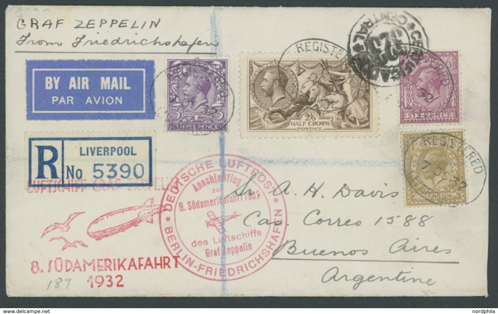 ZULEITUNGSPOST 189B BRIEF, Grossbritannien: 1932, 8. Südamerikafahrt, Anschlußflug Ab Berlin, Einschreibbrief, Pracht - Airmail & Zeppelin