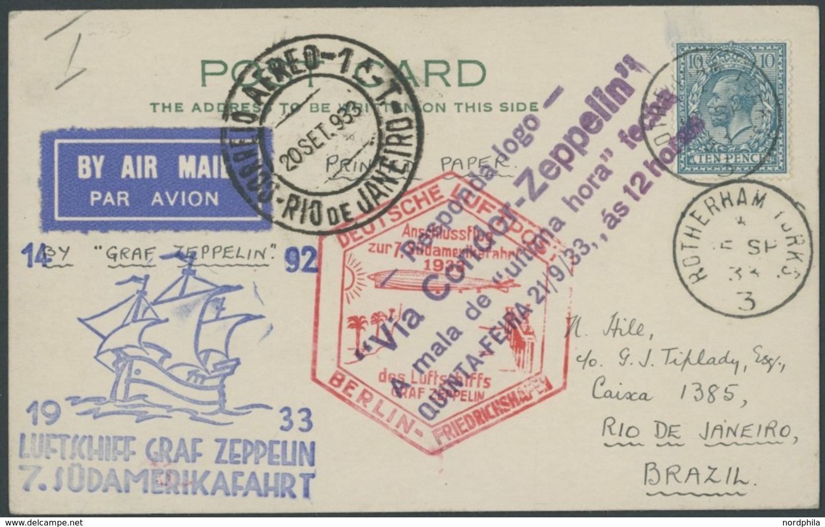 ZULEITUNGSPOST 232B BRIEF, Grossbritannien: 1933, 7. Südamerikafahrt, Anschlußflug Ab Berlin, Prachtkarte - Airmail & Zeppelin