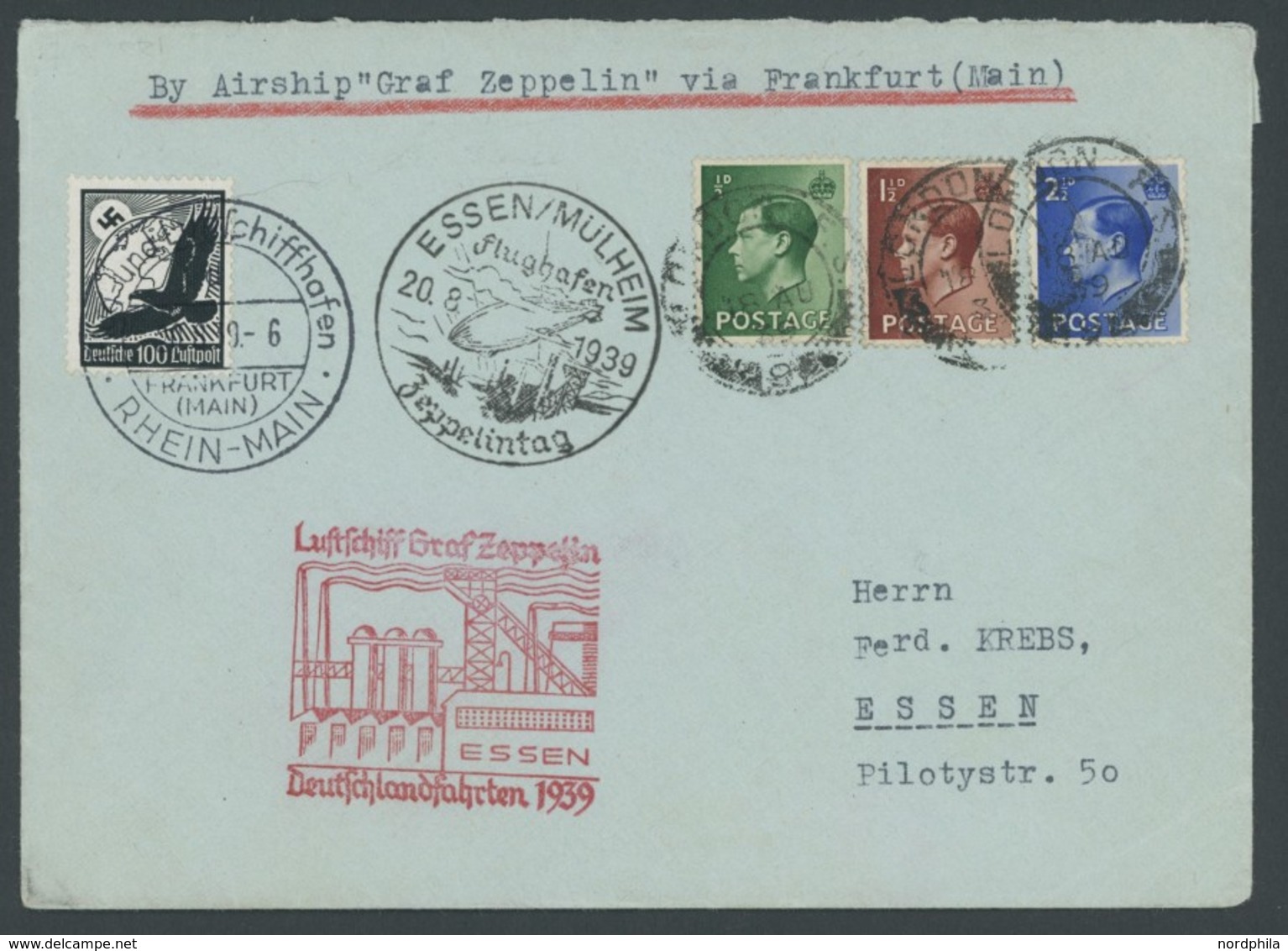 ZULEITUNGSPOST 463 BRIEF, Großbritannien: 1939, Fahrt Nach Essen, Mit GB/DR Mischfrankatur, Prachtbrief - Correo Aéreo & Zeppelin
