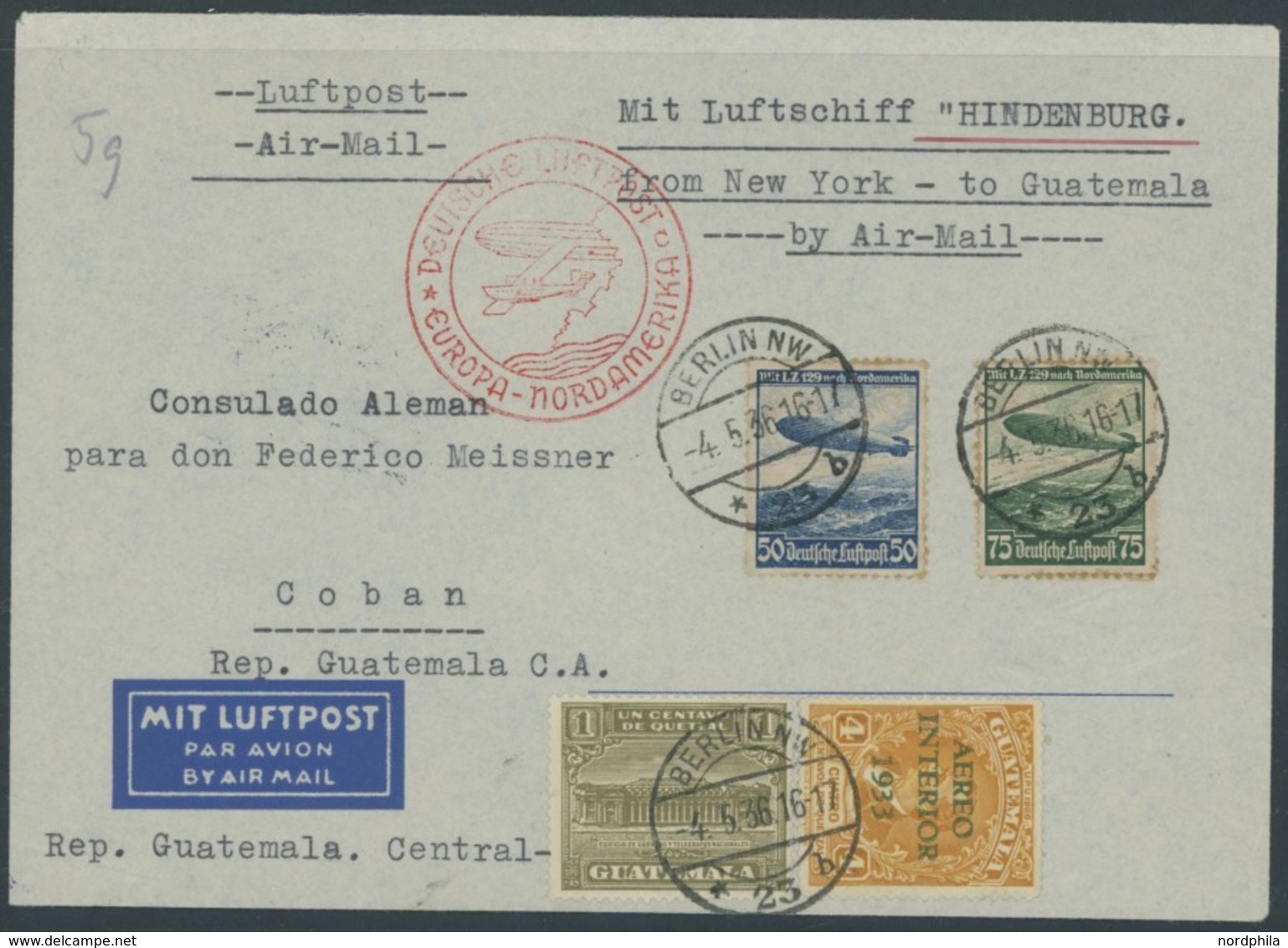 ZULEITUNGSPOST 406C BRIEF, Guatemala: 1936, 1. Nordamerikafahrt, Auflieferung Frankfurt (c), Seltener Brief Mit Mischfra - Luchtpost & Zeppelin