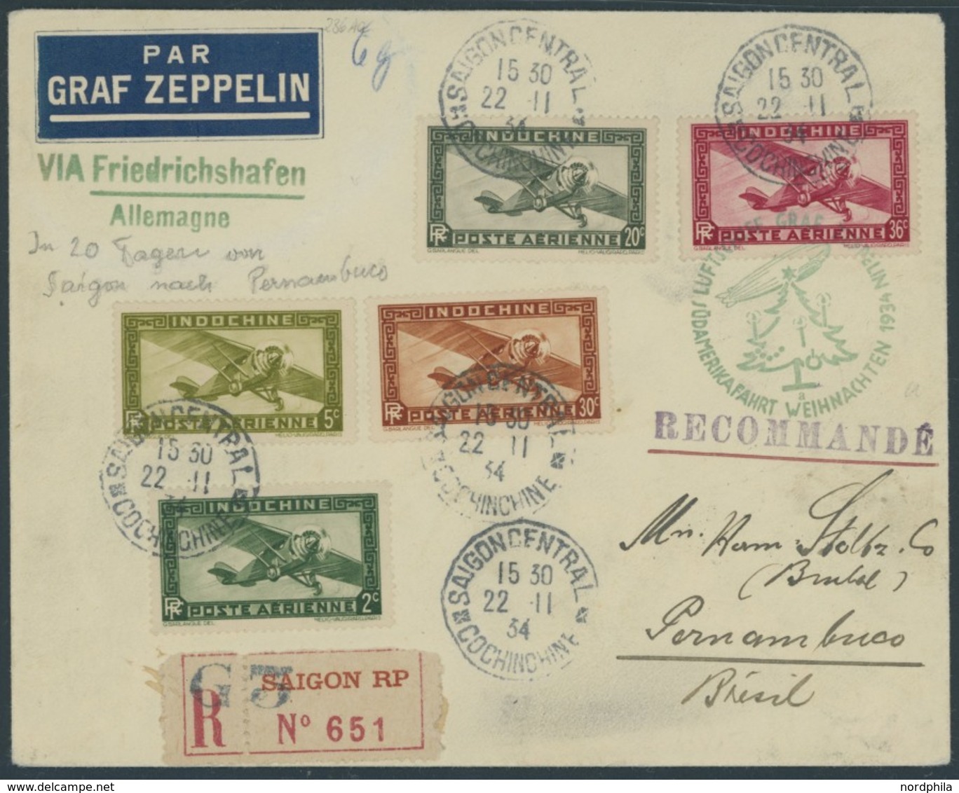ZULEITUNGSPOST 286 BRIEF, Indochina: 1934, Weihnachtsfahrt, Einschreibbrief Frankiert Mit 5 Flugpostmarken, Von Saigon A - Correo Aéreo & Zeppelin