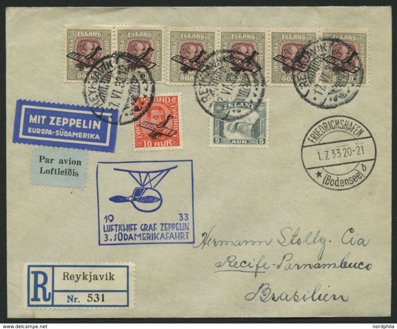 ZULEITUNGSPOST 219 BRIEF, Island: 1933, 3. Südamerikafahrt, Mit Guter Frankatur (u.a. 6x Mi.Nr. 123!), Einschreibbrief,  - Correo Aéreo & Zeppelin