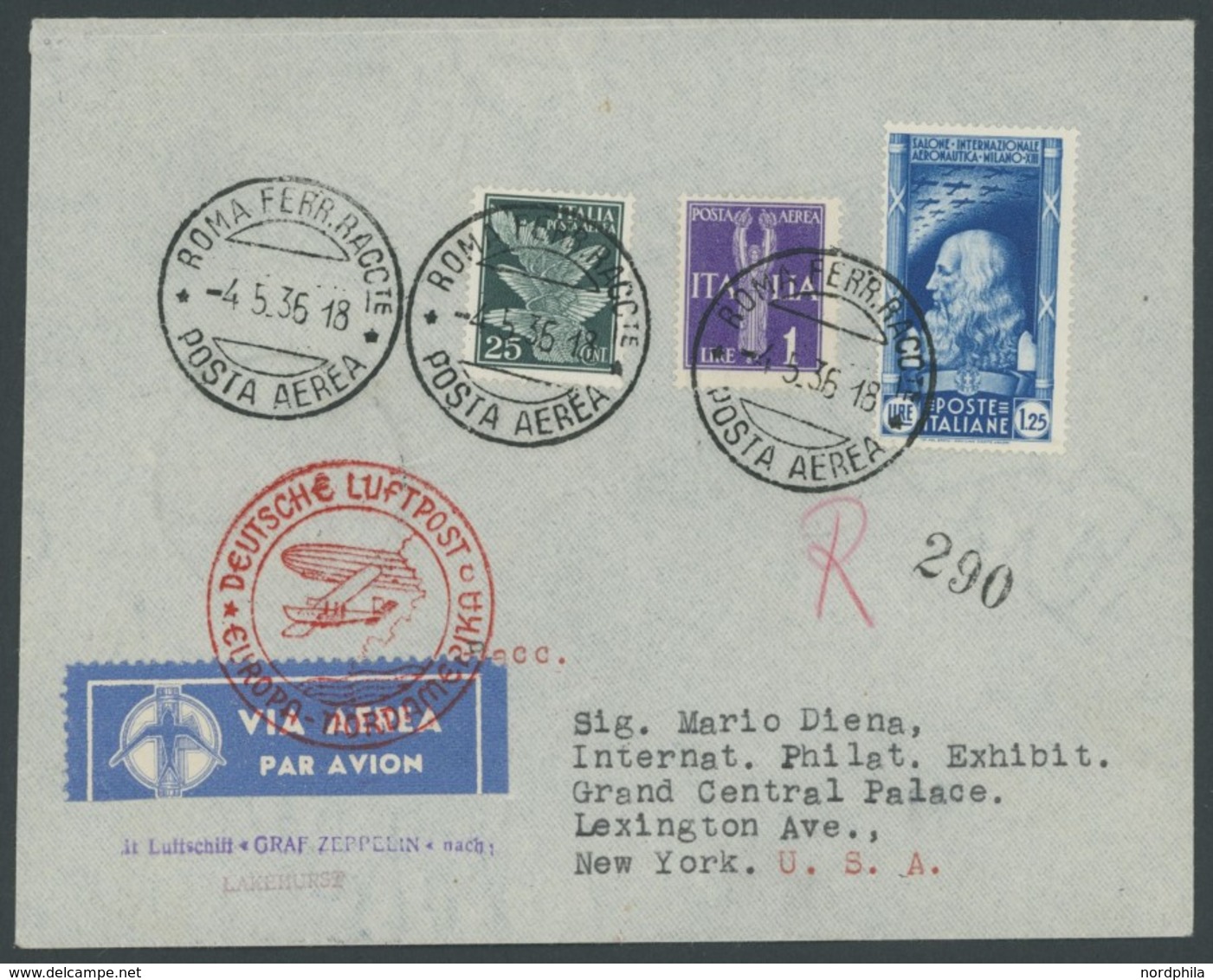 ZULEITUNGSPOST 406C BRIEF, Italien: 1936, 1. Nordamerikafahrt, Auflieferung Friedrichshafen (c), Einschreibbrief, Pracht - Airmail & Zeppelin