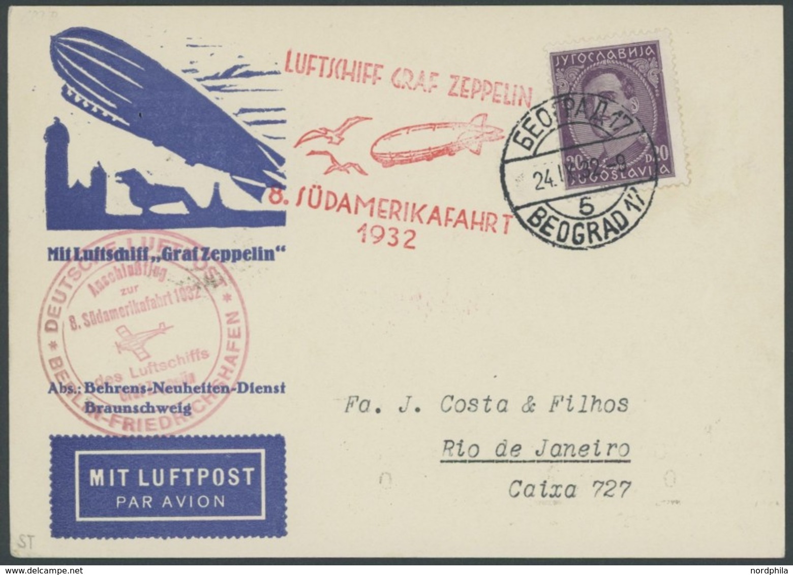 ZULEITUNGSPOST 189B BRIEF, Jugoslawien: 1932, 8. Südamerikafahrt, Anschlußflug Ab Berlin, Prachtkarte - Correo Aéreo & Zeppelin