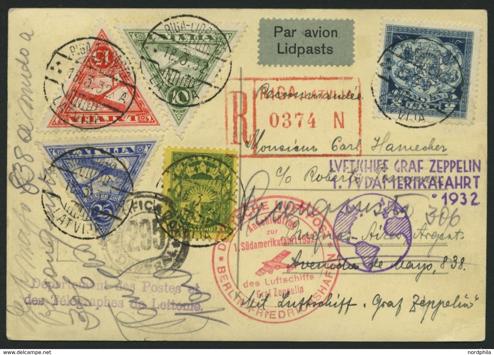 ZULEITUNGSPOST 138B BRIEF, Lettland: 1932, 1. Südamerikafahrt, Anschlußflug Ab Berlin, Einschreibkarte, Pracht - Airmail & Zeppelin