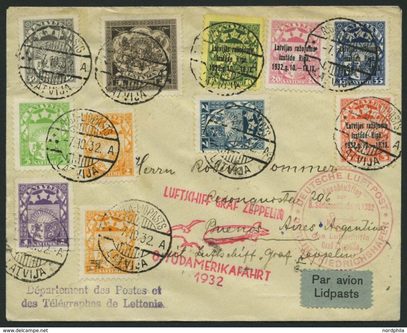 ZULEITUNGSPOST 189B BRIEF, Lettland: 1932, 8. Südamerikafahrt, Anschlußflug Ab Berlin, Prachtbrief - Luft- Und Zeppelinpost